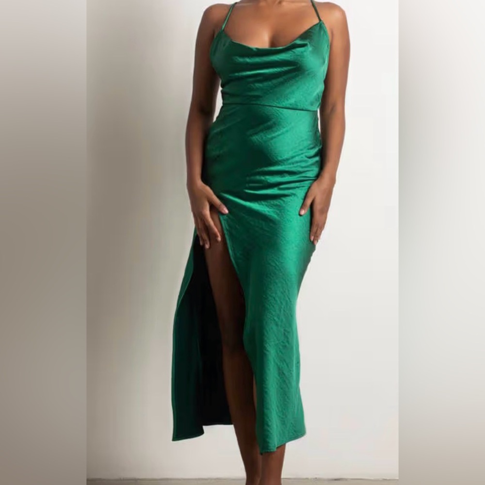 NWOT Young Fabulous & Broke (S) Satin Slip Dress + Side Slit Green